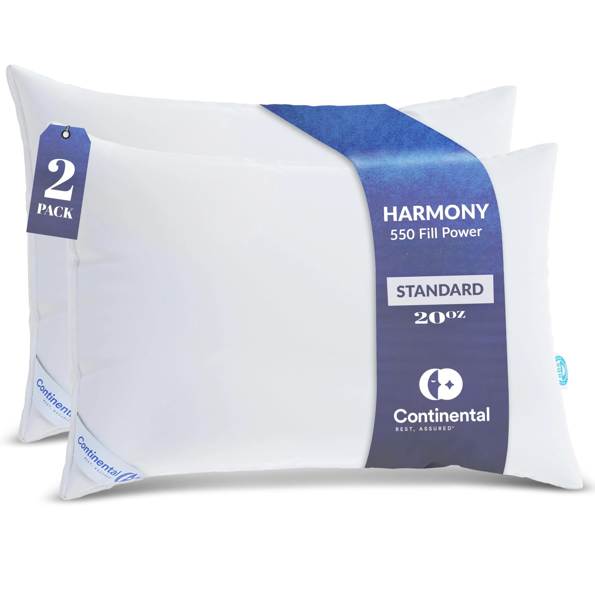 Continental Bedding 100% Luxury Down Pillows Standard Size Set of 2 - Family Made in New York - Breathable Bed Pillows for Sleeping, Back, Side, Stomach Sleepers - 550FP Medium Firmness and Loft