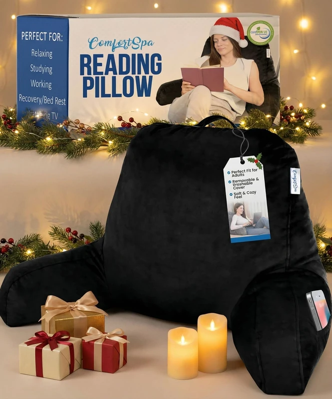 ComfortSpa Reading Pillow for Bed Adult Size, Back Rest Pillow with Arms, Pockets and Washable Cover; Use as Bed Pillows for Sitting Up in Bed for Bedrest or Relief from GERD Heartburn (Large Black)