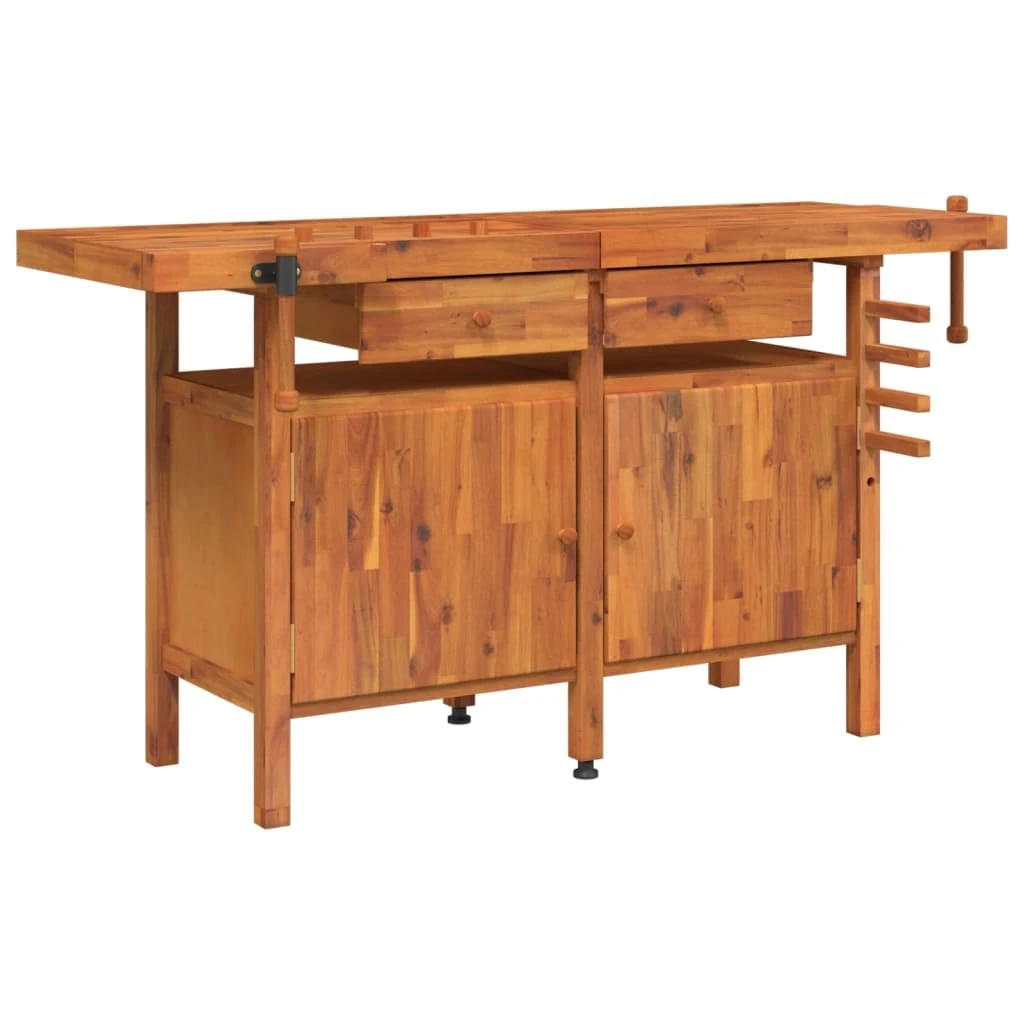 "vidaXL Solid Acacia Wood Workbench with Drawers - Multifunctional Work Station for Garage or Workshop with Ample Storage and Vices"