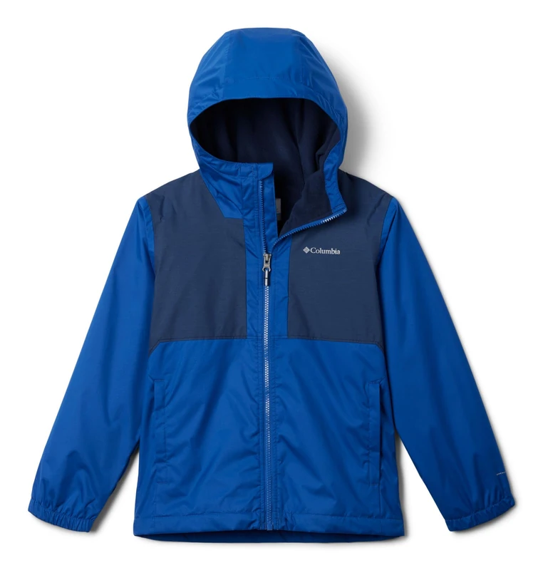 Columbia Youth Boys Rainy Trails 2 Fleece Lined Jacket, Waterproof Rain Jacket, Mountain Blue/Collegiate Navy Slub, XS