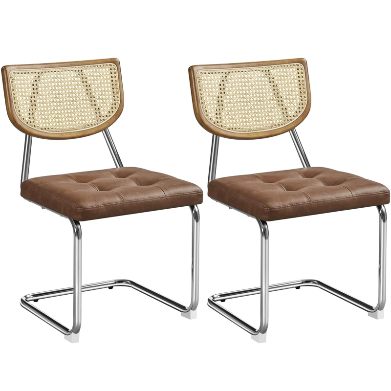 Yaheetech Dining Chairs Set of 2 Dining Room Mid-century Faux Leather Kitchen Chairs with Rattan Backrest Upholstered Seat for Home, Kitchen, Living Room, Retro Brown