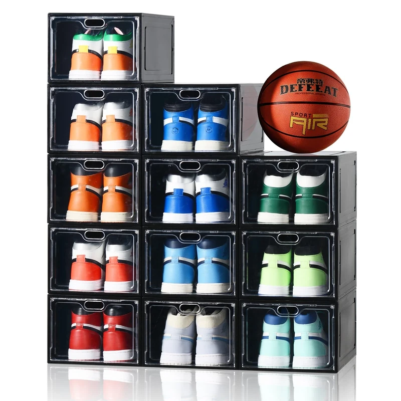 INSTY 12 Pack Shoe Storage Box, Clear Shoe Storage Organizer with Magnetic Door, Stackable,For Display Sneakers，Easy Assembly，Fit up to US Size 12(13.4”x 9.8”x 7.1”)