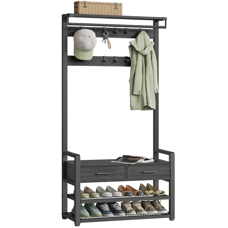 VASAGLE Hall Tree with Bench and Shoe Storage, Hallway Coat Rack with Shoe Bench, 2 Fabric Drawers, 10 Hooks, 30 x 80.4 x 181.6 cm, Stone Grey and Ink Black HSR429B04