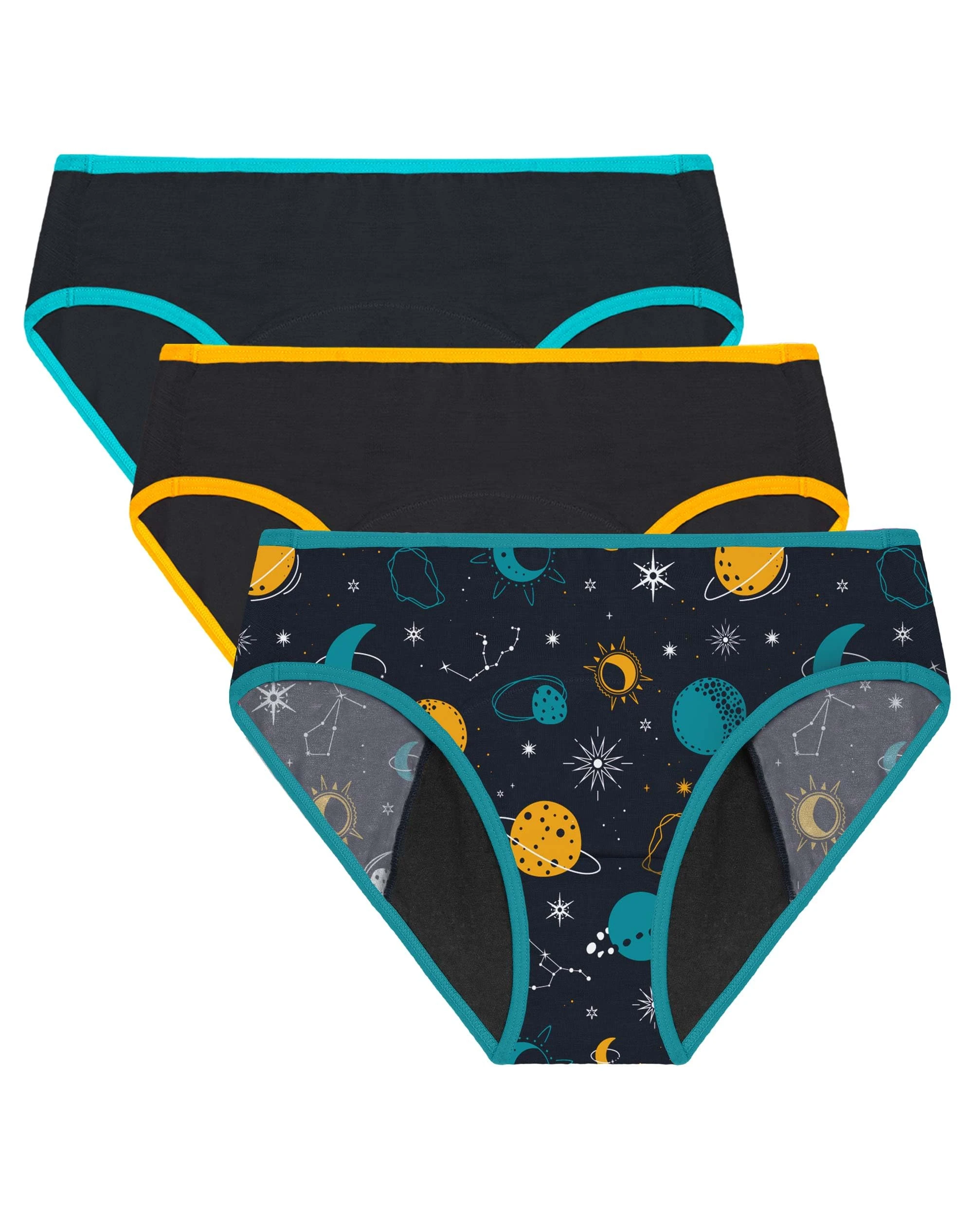 Neione Period Pants for Teenage Girls Heavy Flow Menstrual Knickers Teen Hipster Underwear Reusable Panties 3 Pack Galaxy 9-10 Years