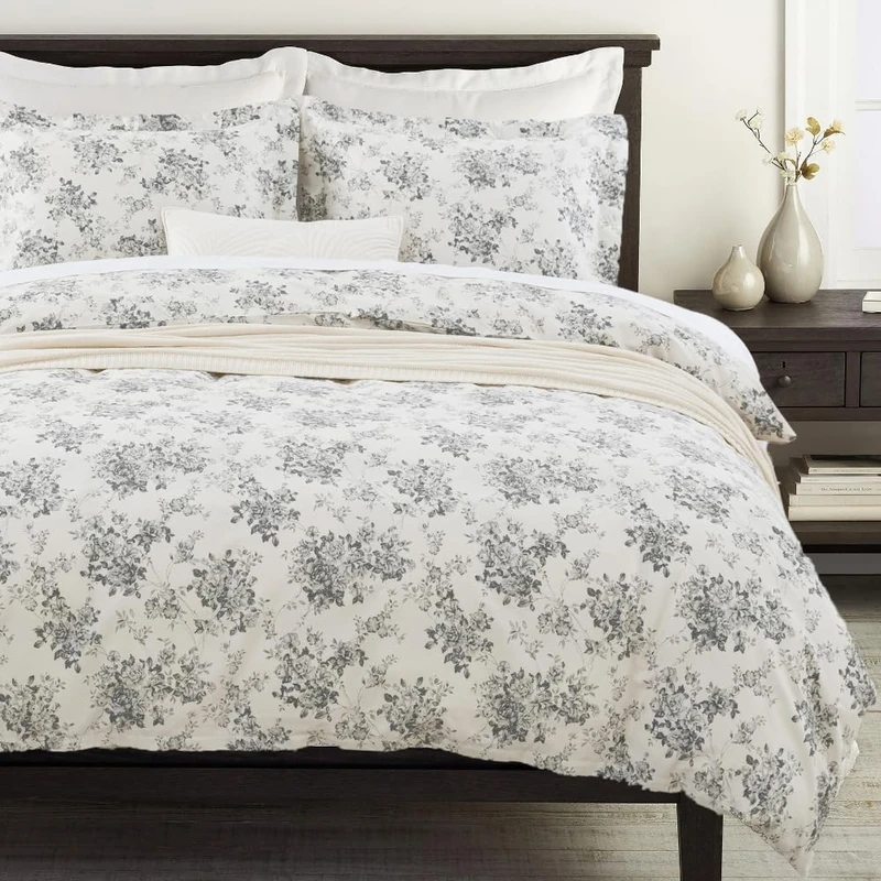 DAUAOTO Duvet Cover Queen Size Set - 90"x90" Cover + 2 Shams, 100% Cotton Print Bedding Sets, Toile Rose Floral Pattern, Gray