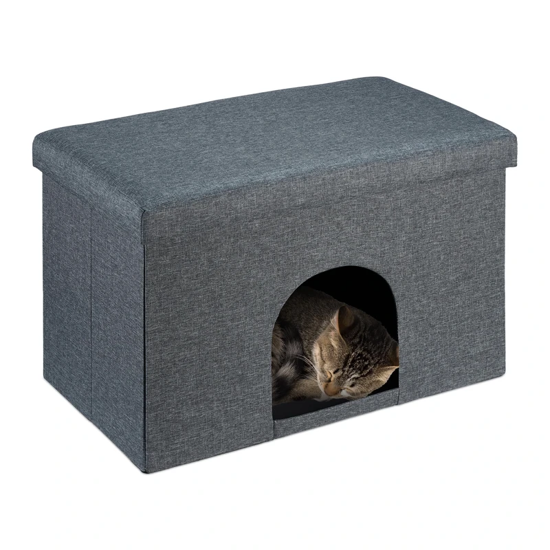 Relaxdays Cat Cave with Seat Pad, Foldable Stool, Ottoman, Cosy Hiding Place for Pet, HxWxD: 38.5 x 64.5 x 37.5 cm, Grey
