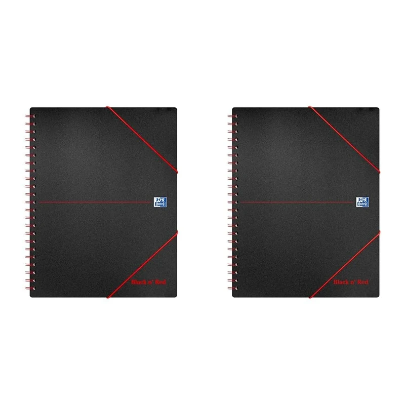 Oxford Black n' Red Frame Ruled with Margin Wirebound Poly Meeting A4+ Notebook with Elasticated Wallet and 3 Flap Folder, 4 Hole Punched, 160 Perforated Pages (Pack of 2)