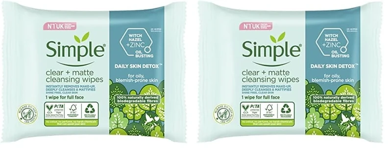 Simple Daily Skin Detox Clear + Matte Biodegradable Wipes with vitamin B3 cleansing make-up remover for oily skin 20 wipes (Pack of 2)