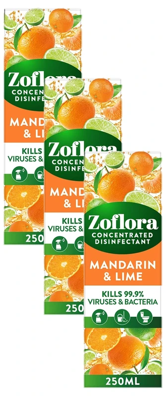 Zoflora Mandarin and Lime 250ml, Concentrated 3-in-1 Multipurpose Disinfectant Kills 99.9% of Bacteria & Viruses (Pack of 3)