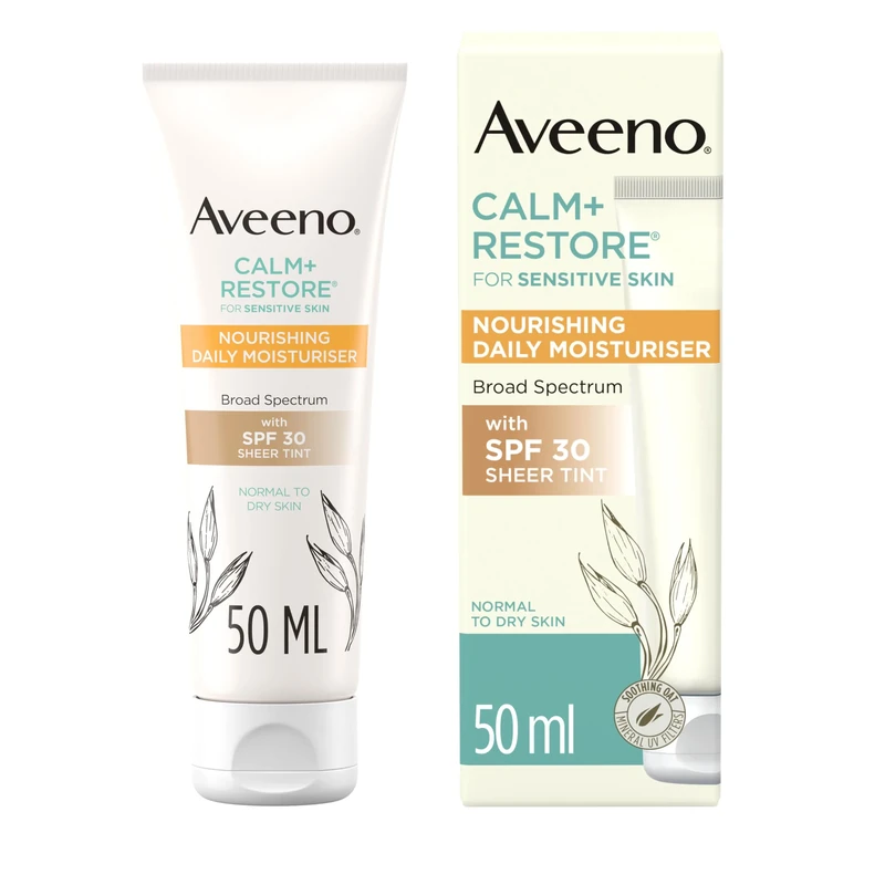 AVEENO Face CALM+RESTORE Nourishing Daily Moisturiser with SPF30 (1 x 50ml), Fragrance-Free Face Moisturiser, Broad Spectrum with SPF30, Soothing Oat & 100 Mineral UV Filters, For Normal to Dry Skin