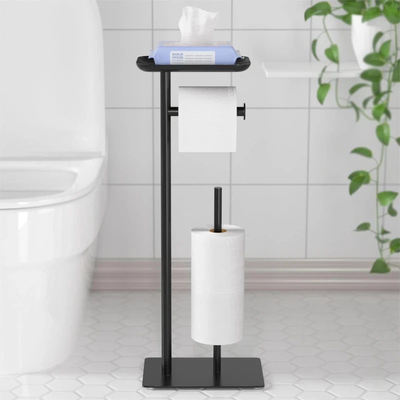 Black Toilet Paper Holder Stand with Top Storage Shelf, Free Standing Floor Dispenser for 4 Reserve Rolls