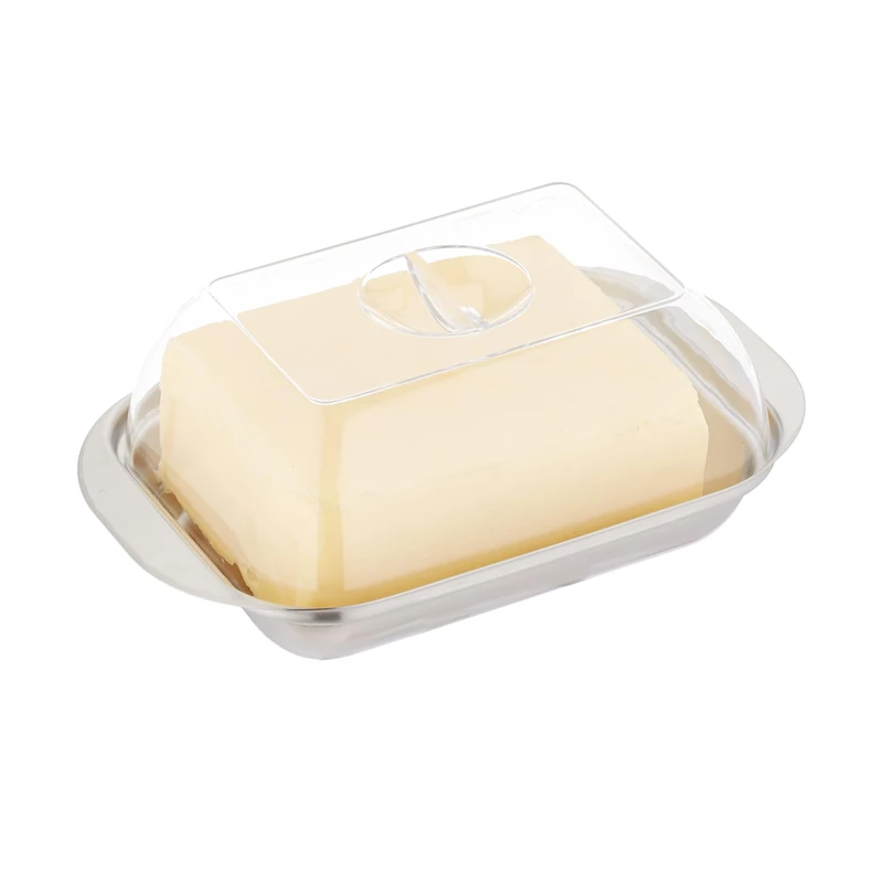 Relaxdays Butter Dish with Lid, Stainless Steel & Plastic, for 250 g, 5.5 x 18 x 11 cm, Container, Silver/Transparent