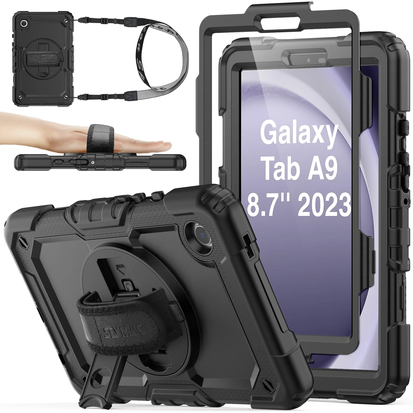 SEYMAC stock for Samsung Galaxy Tab A9 Case 8.7 inch 2023, Heavy Duty Shockproof Cover with Screen Protector, 360° Rotating Stand/Hand Strap & Pen Holder for Samsung A9 Tablet Case, Black