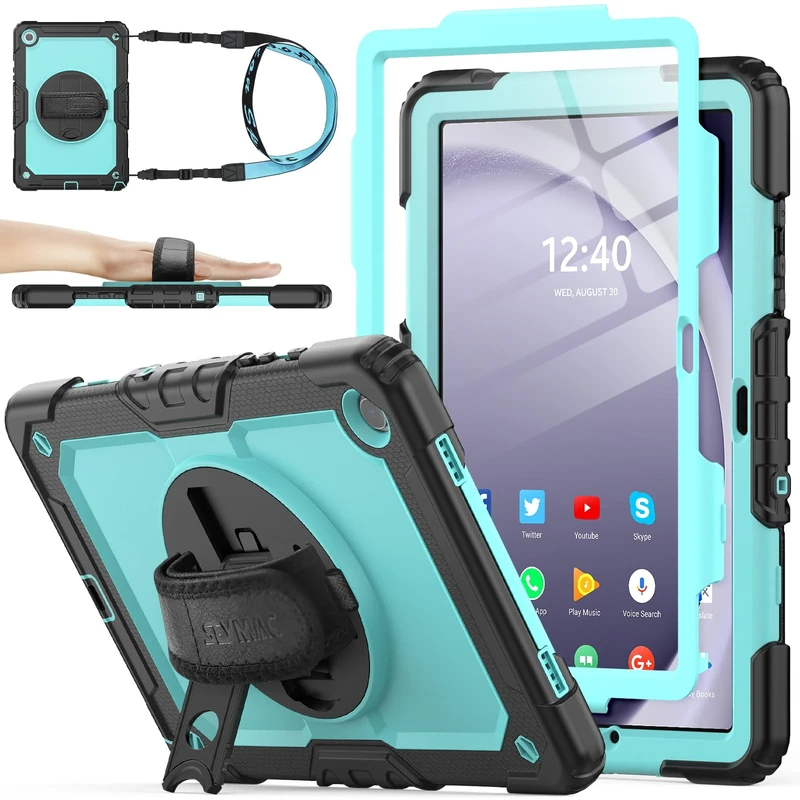 SEYMAC stock Case for Samsung Galaxy Tab A9+ Plus 11 Inch 2023, Full Body Shockproof with Screen Protector, 360° Rotating Stand/Hand Strap for Samsung A9+ Tablet Case, Skyblue