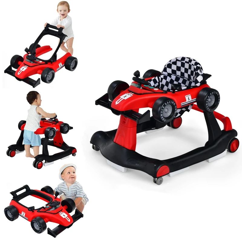 GYMAX Baby Walker, 4 in 1 Foldable Toddler Push Along Walker with Steering Wheel, Music Box, Lights and Comfy Seat, Height & Speed Adjustable Infant Learning to Walk Activity Center (Red)