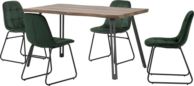 Seconique Quebec Wave Dining Table Set with 4 Lukas Dining Chairs in Medium Oak Effect/Emerald Green Velvet
