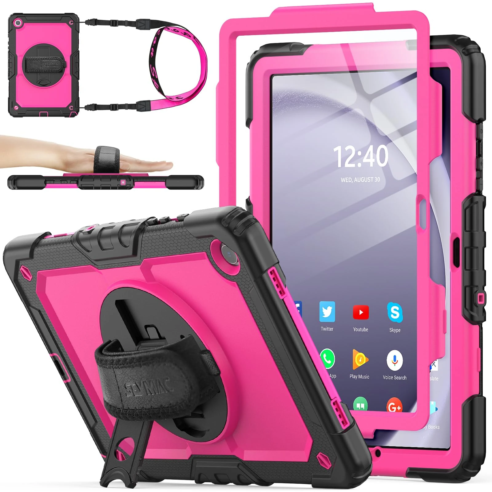 SEYMAC stock for Samsung Galaxy Tab A9 Plus Case 11 Inch 2023, Heavy Duty Shockproof Cover with Screen Protector, 360° Rotating Stand/Hand Strap & Pen Holder for Samsung A9+ Plus Tablet Case, Rose