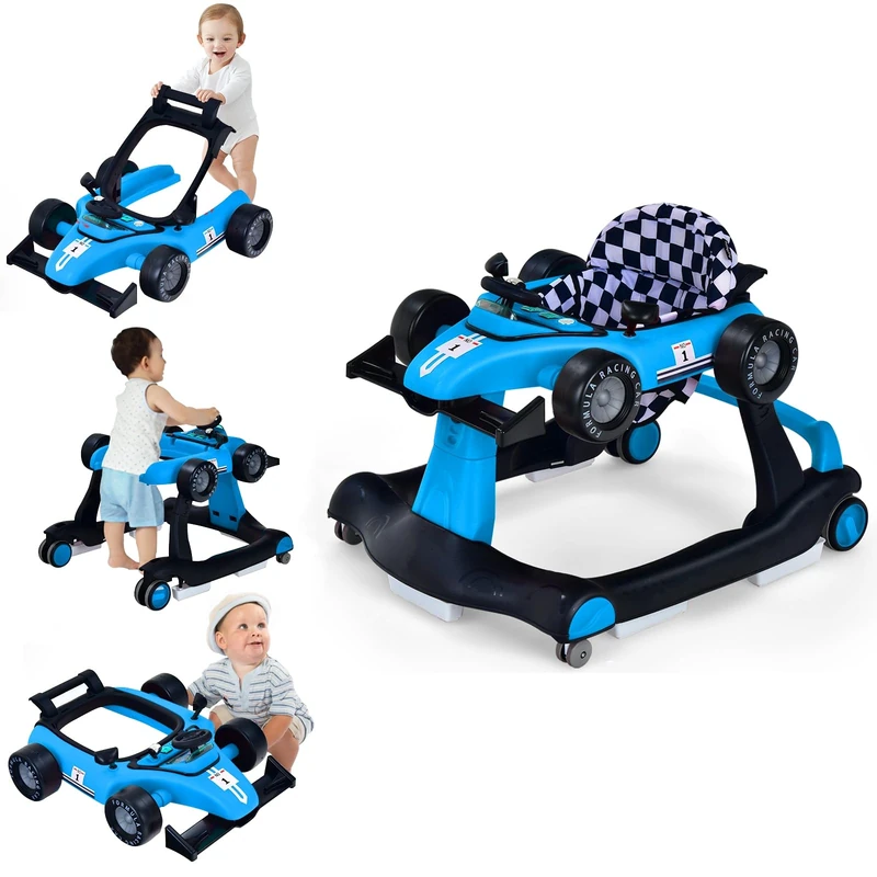 GYMAX Baby Walker, 4 in 1 Foldable Toddler Push Along Walker (Blue)