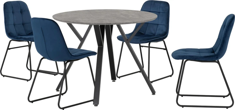 Seconique Athens Round Dining Table Set with 4 Lukas Dining Chairs in Concrete/Sapphire Blue Velvet