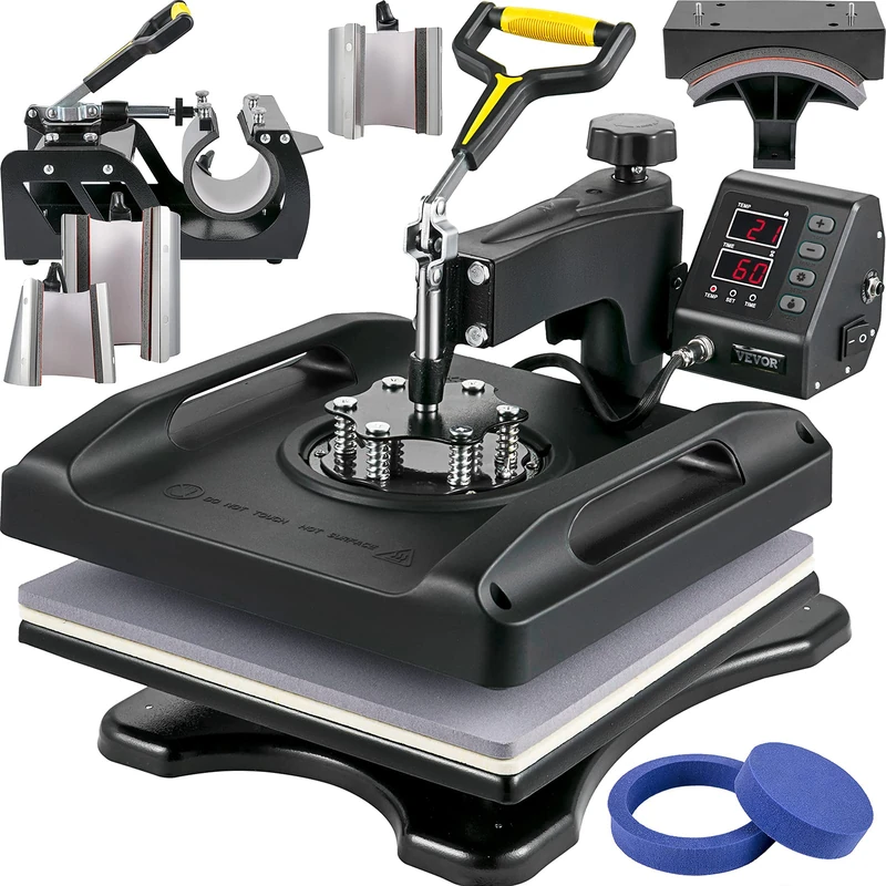 VEVOR Heat Press 8 in 1 Plate 38 x 38 cm Black Heat Press Machine 1000 W 360 Degree Rotating Digital Display Transfer Press for T-Shirt Cup Hat Cap