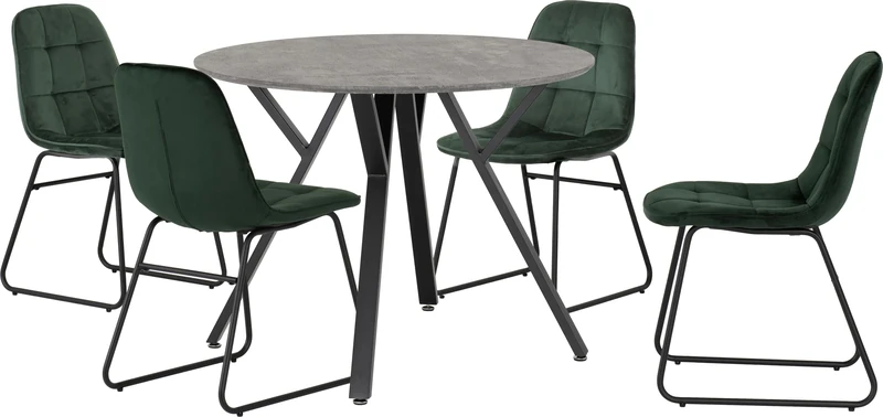 Seconique Athens Round Dining Table Set with 4 Lukas Dining Chairs in Concrete/Emerald Green Velvet