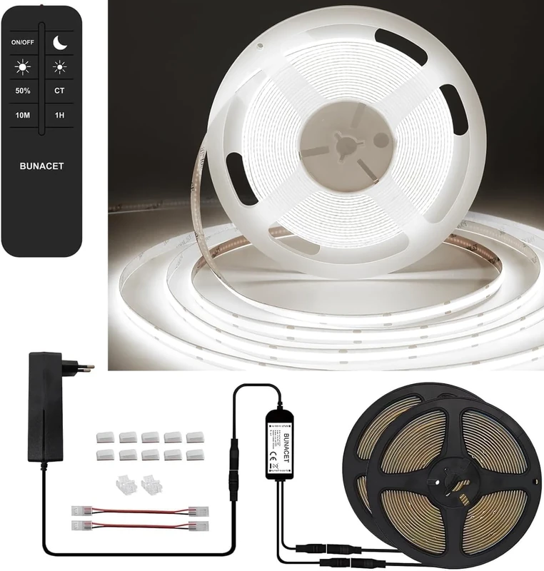 BUNACET COB LED Strip Lights Dimmable 12M 24V, Bright COB Light Strip Kit Cool White 6500K with RF Remote & Power Supply, 2880LEDs, CRI90+ Dotless COB LED Tape Light for Bedroom Cabinet Home Decor
