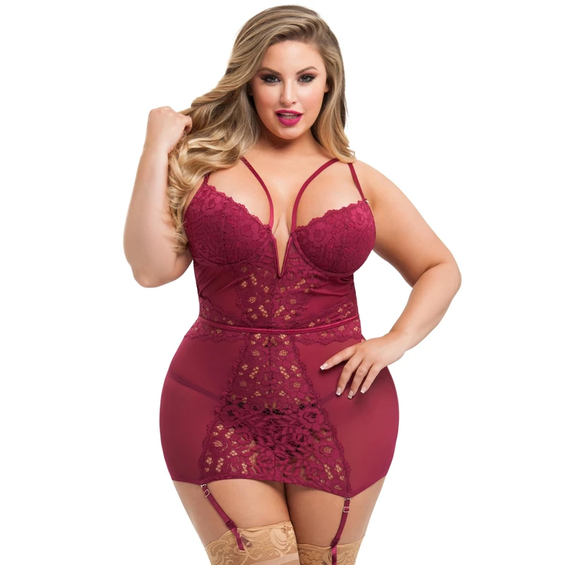 Lovehoney Lingerie Parisienne Chemise - Sheer & Mesh Lace Womens Nightwear - Adjustable Straps and Fastenings - Womens Lingerie Sets - Size 6-8 - Red Wine