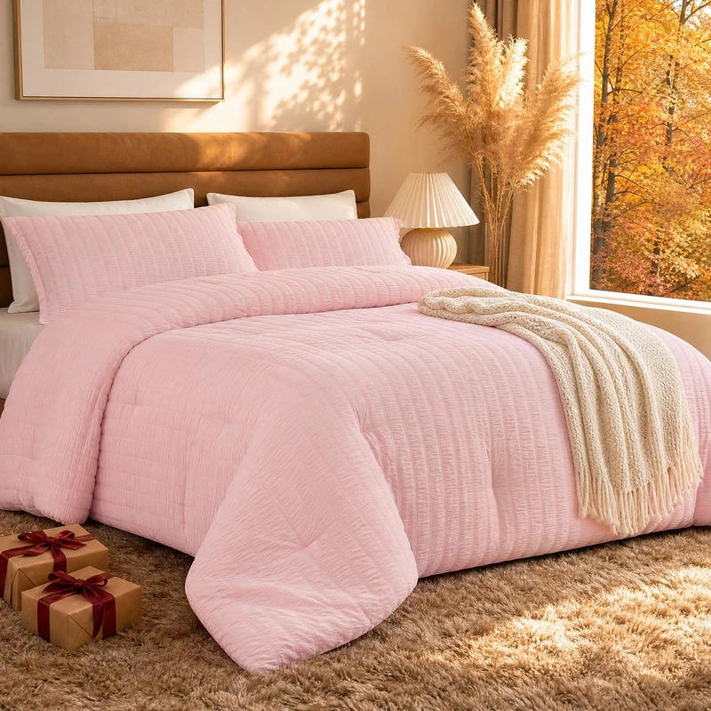 Quataly Pink Oversized Queen Comforter Set - 3 Pieces Seersucker Lightweight Bedding Comforter Sets (1 Soft Fluffy Comforter & 2 Pillowcases) - All Seasons Cozy Cute Bed Sets for Women Girls