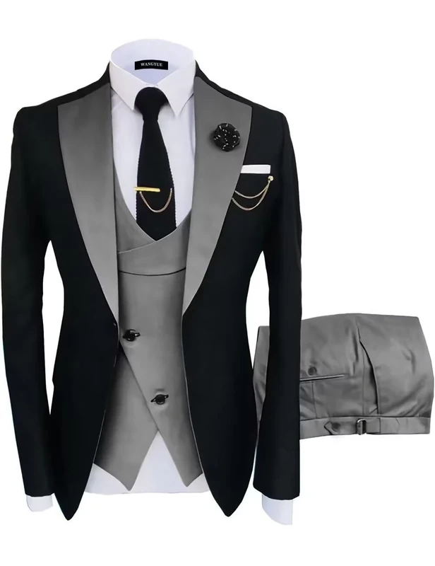 Wangyue Mens Suit 3 Piece Slim Fit Suits for Men Wedding Prom Tuxedo for Men Formal Business Suit, Black-Grey, M