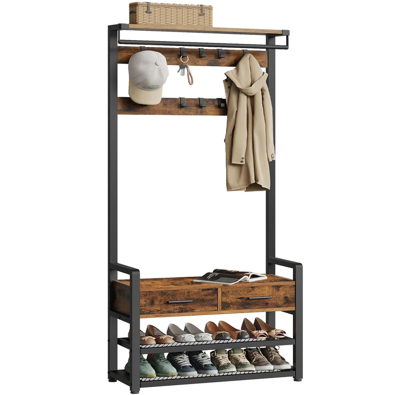VASAGLE Hall Tree with Bench and Shoe Storage, Hallway Coat Rack with Shoe Bench, 2 Fabric Drawers, 10 Hooks, 30 x 80.4 x 181.6 cm, Vintage Brown and Ink Black HSR429B01