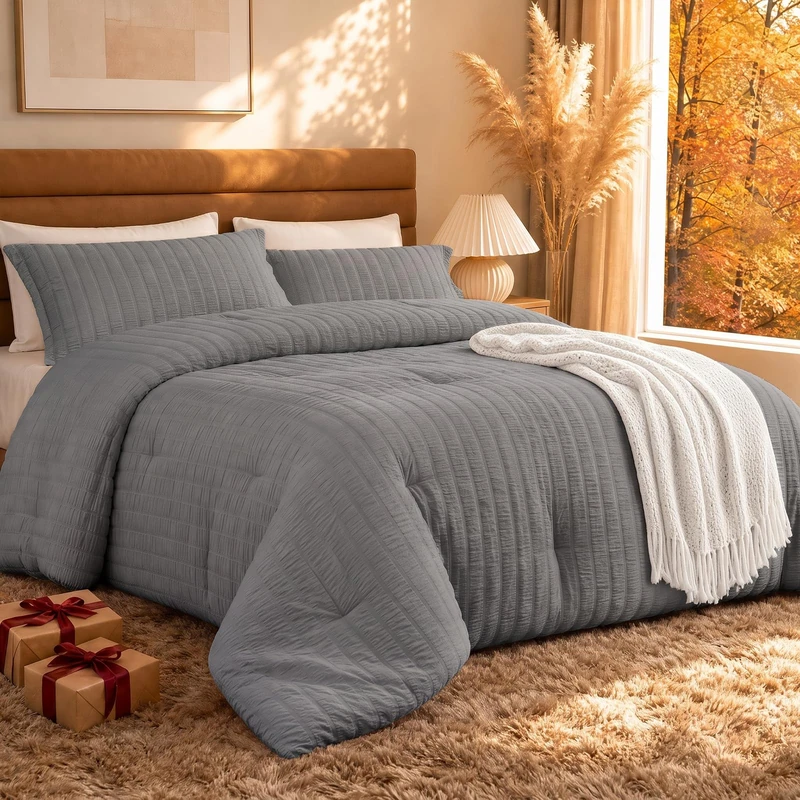 Quataly Grey King Comforter Set - 3 Pieces Seersucker Lightweight Bedding Comforter Sets (1 Soft Fluffy Comforter & 2 Pillowcases) - All Seasons Cozy Modern Bed Sets for Women Men