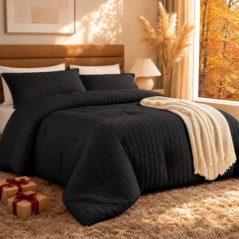 Quataly Black King Comforter Set - 3 Pieces Seersucker Lightweight Bedding Comforter Sets (1 Soft Fluffy Comforter & 2 Pillowcases) - All Seasons Cozy Luxury Bed Sets for Women Men