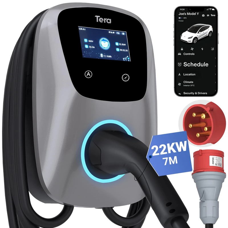 Tera EV Smart APP Charger 16-32 A Type 2 22 kW/11 kW Home Charging Station 400 V CE & TÜV Wallbox 7 m Charging Cable with Charger Holder Control by EEC App