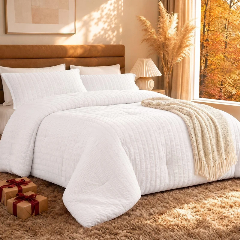 Quataly White Comforter Twin,Seersucker Lightweight Bed Set for All Season,1 Elegant Comforter (68"x90") and 1 Soft Pillowcase (20"x30")