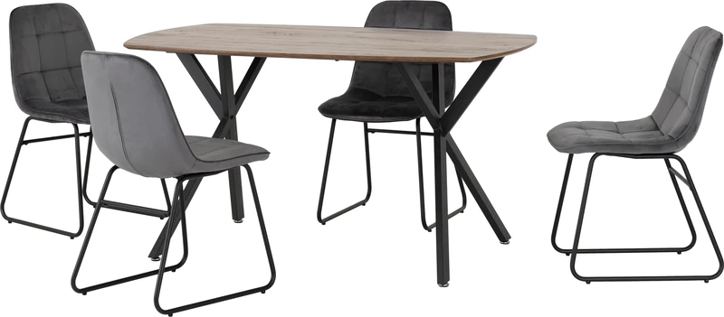 Seconique Athens Dining Table Set with 4 Lukas Dining Chairs in Medium Oak Effect/Grey Velvet