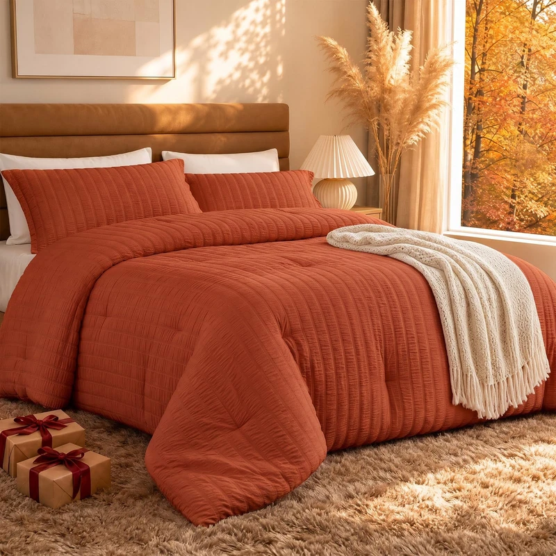 Quataly King Comforter Set 3PCS Seersucker Lightweight Bed Set for All Season,1 Elegant Burnt Orange Terracotta Comforter (104"x90") and 2 Soft Pillowcases (20"x36")