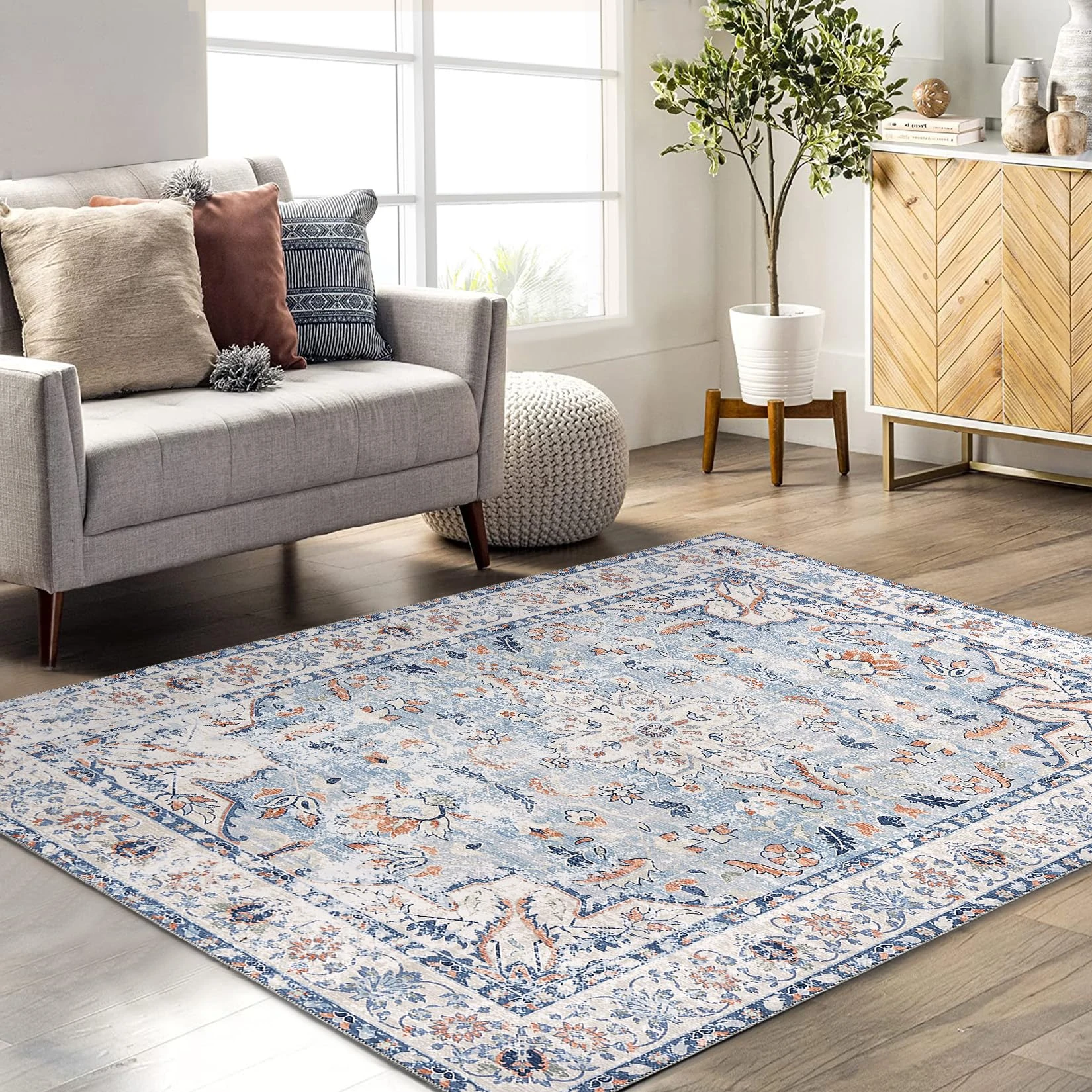 GAOMON 9x12 Area Rug Large Vintage Distressed Machine Washable Area Rug for Living Room Traditional Medallion Non-Slip Stain Resistant Accent Rug Carpet for Home Decor Floor Decoration, Blue