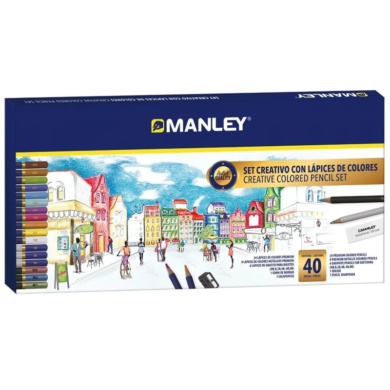 Manley Artistic Colouring Pencils Set 40 Pieces | Artist Quality | Includes 24 Premium Colouring Pencils, 8 Metallic Colouring Pencils, 6 Graphite Pencils, 1 Eraser and 1 Sharpener