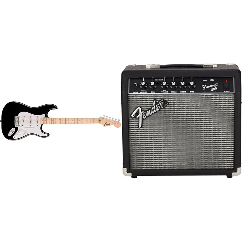 Squier by Fender Sonic Stratocaster Electric Guitar Bundle in Black. Frontman 20G Amplifier, Tuner, Cable, Strap, Picks, Stand, Gigbag and Fender Play Online Tuition included