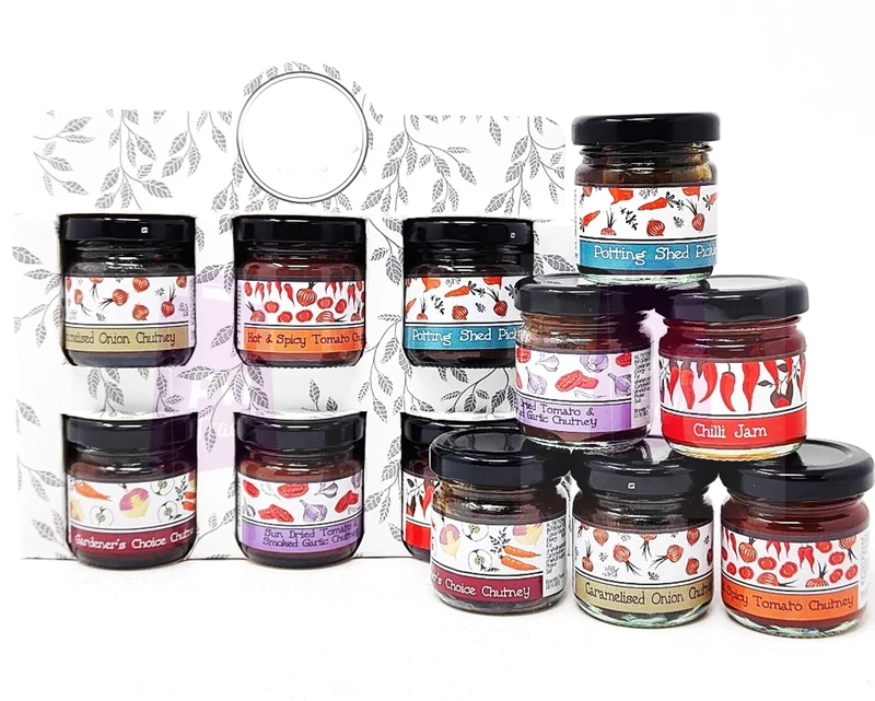 Selection of Savoury Chutney Gift Pack - Caramelised Onion, Dried Tomato & Smoked Garlic, Gardener's Choice, Potting Shed Pickle, Hot & Spicy Tomato, Chilli Jam - 6 x 35g Jars