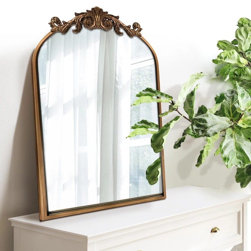 WAMIRRO Antique Mirror,Gold Traditional Vintage Ornate Baroque Arched Brass Wall Mounted Mirrors for Entryway/Fireplace/Living Room/Hallway/Bathroom 19"X27" - Image 1