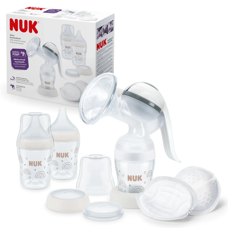 NUK Manual Breast Pump Set | Soft Silicone Cushion | Ergonomic Lever | 2 x Perfect Match Baby Bottles | 150ml | 2 x NUK High Performance Disposable Breast Pads
