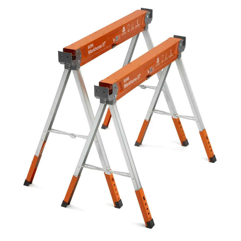 BORA Workhorse XT Saw Horses 2 Pack Folding Heavy Duty Adjustable Height Sawhorse Pair with Adjustable Legs, Heavy Duty Saw Horse for Contractors Portable Workbench w/Built in Bottle Opener PM-3360T