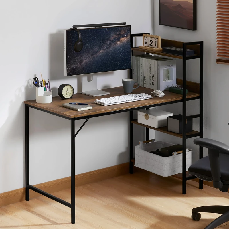 Vida Designs Brooklyn 120cm Large Computer Desk with Storage Shelves, Home Office Writing Desk Industrial Style Laptop Table (Dark Wood)