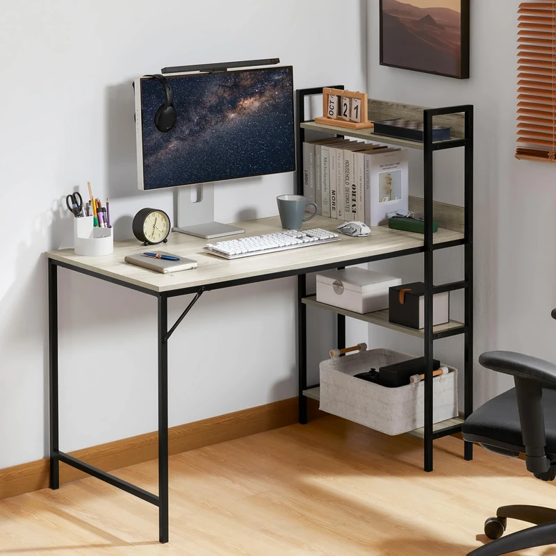 Vida Designs Brooklyn 120cm Large Computer Desk with Storage Shelves, Home Office Writing Desk Industrial Style Laptop Table (Grey)