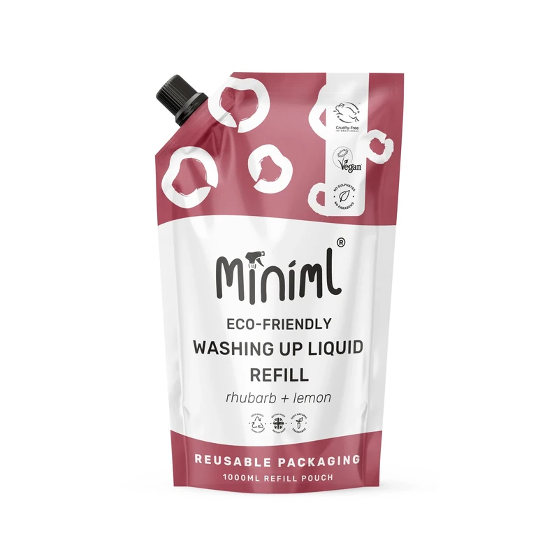 Miniml Eco Washing Up Liquid 1L Refill Rhubarb & Lemon Skin Sensitive Friendly Dish Wash Cleaner Plant Based Vegan Cruelty Free Natural Cleaning Products (100 Washes)