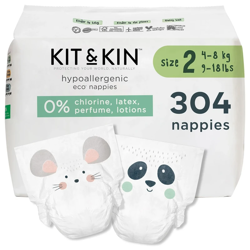 Kit & Kin Premium Eco Baby Nappies Size 2 | 4-8 kgs / 9-18 lbs | Pack of 304 Nappies | Plant-Based & Hypoallergenic | Superior up to 12 Hour Leak Protection | Vegan & Cruelty Free