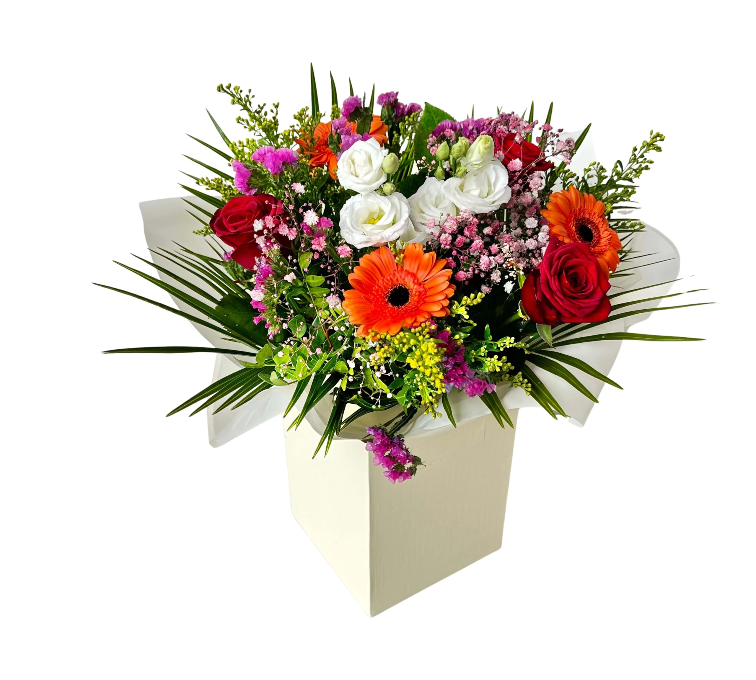 Bright Radiant Sunset Bouquet – Festive Fresh Flowers, Birthday Celebrations, Anniversaries, Autumn Floral Occasions. Roses -Warm Orange Gerbera, Lisianthus, Thank You, Christmas