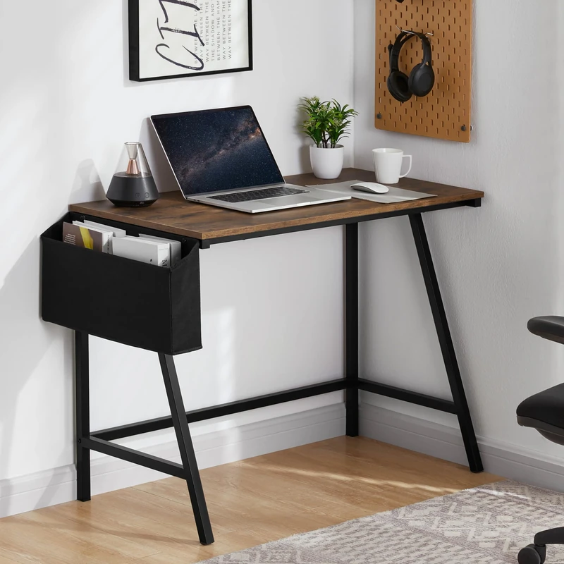 Vida Designs Brooklyn 112cm Small Computer Desk With Storage Home office Writing Table Modern Industrial Style Workstation (Dark Wood)