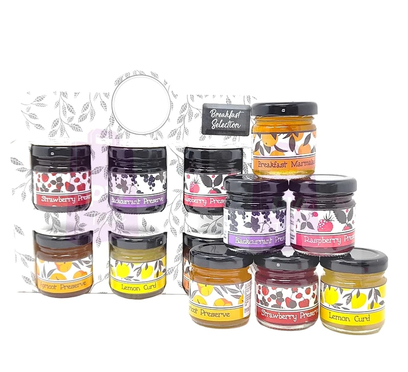 Selection of Breakfast & Afternoon Tea Jam Preserve Gift Pack - Strawberry, Blackcurrant, Raspberry, Apricot, Lemon Curd, Marmalade - 6 x 42g Jars